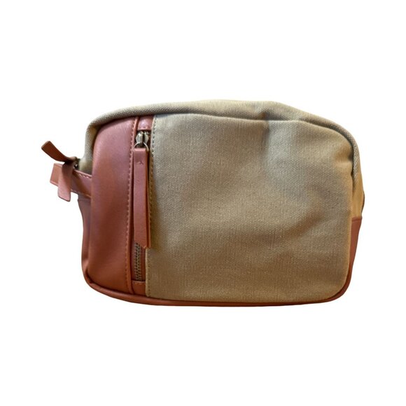 Mens Tan Canvas & Faux Leather Grooming Bag With Zipper Closure - Picture 2 of 5